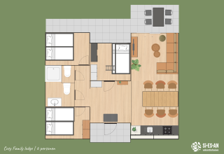 Plattegrond van Cosy Family Lodge voor 6 personen bij Si-Es-An, met living, keuken en drie slaapkamers.