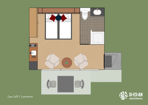 Plattegrond van een Luxury Loft tiny house voor twee personen op Camping Si-Es-An, met alles in één ruimte.