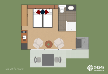 Floor plan of a Luxury Loft tiny house for two people at Campsite Si-Es-An, showing bed, living, and bath areas.