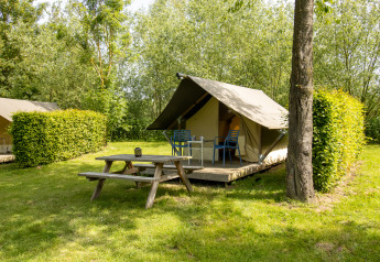 Tenda Safari Trekking al campeggio 't Geuldal nei Paesi Bassi, tavolo da picnic in legno e vegetazione.