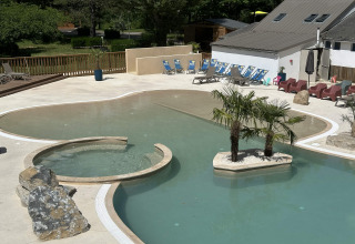 Outdoor swimming pool with palm trees and sun loungers at Flower Camping Le Pont du Tarn in Occitanie, France.