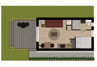 Plattegrond van een tiny house bij De Kremmer, Nederland, met terras, woonruimte, slaapgedeelte en badkamer.