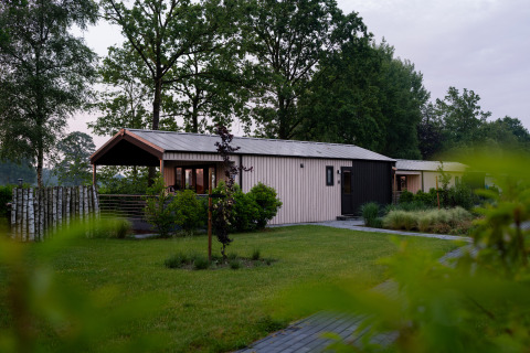 Moderne Terrace Lodge med sauna og spabad i feriecenter 't Schuttenbelt, omringet af frodigt grønt.