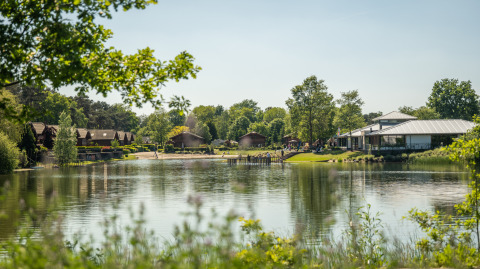 Un lodge paisible au bord d’un lac avec des cabanes, des arbres verdoyants et un ciel ensoleillé.