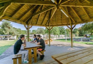 Quatre jeunes hommes assis à une table en bois sous un pavillon au Seasonova Camping Le Brabois, Grand Est, France.
