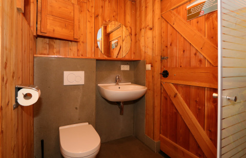 Holzbad mit Toilette, Waschbecken und Spiegel in einem Tiny House in De Wije Werelt, Niederlande.