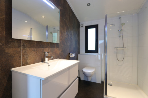 Moderne badkamer met douche, wastafel, spiegel en toilet in de Pavilion-lodge bij De Wije Werelt, Nederland.
