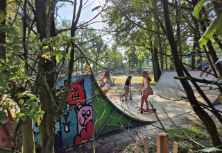 Kinder fahren Roller auf einer Skateanlage im Grünen im Ferienpark De Rammelbeek, Overijssel, Niederlande.