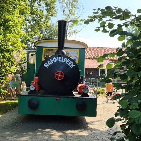Ein grünes Dampfzugmodell mit der Aufschrift 'RAMMELBEEK' auf einem Ferienpark in Overijssel, Niederlande.