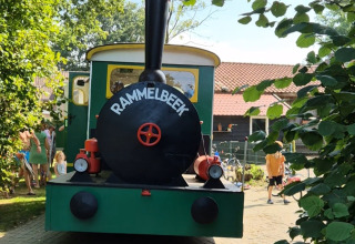 Ein grünes Dampfzugmodell mit der Aufschrift 'RAMMELBEEK' auf einem Ferienpark in Overijssel, Niederlande.