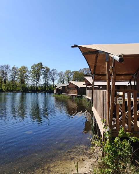Holzhütten mit Planendach am Seeufer auf Campingplatz De Rammelbeek in Overijssel, Niederlande bei Sonnenschein.