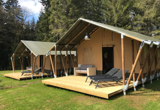 Two safari tents with wooden decks and lounge chairs, nestled in a lush forest setting.