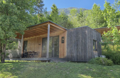 Hébergement glamping Seecamping Kleblach-Lind en Carinthie, lodge moderne entouré de verdure et d’arbres.
