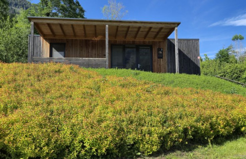 Houten glamping lodge op Seecamping Kleblach-Lind in Karinthië, midden in het groen en onder een blauwe hemel.