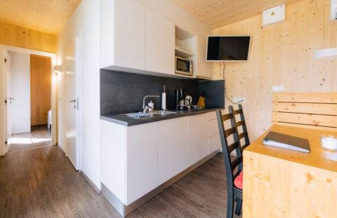 Moderne glamping lodgekøkken og spiseområde på Seecamping Kleblach-Lind, med trævægge og tv.