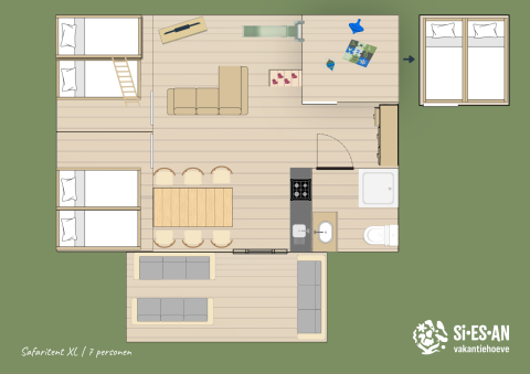 Floor plan of Safari tent XL for 7 people at Campsite Si-Es-An, Netherlands, with detailed interior layout.