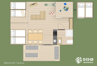 Floor plan of Safari tent XL for 7 people at Campsite Si-Es-An, Netherlands, with detailed interior layout.