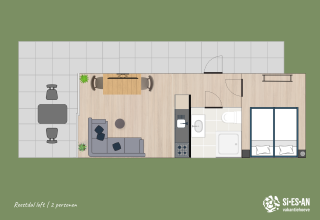 Floor plan of the Reestdal loft for 2 people at Campsite Si-Es-An in the Netherlands, showing all furniture.
