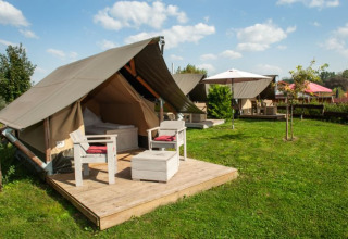 Glamping-Unterkunft Inselcamping Kollersee mit Safarizelten in Rheinland-Pfalz, Terrasse und grüne Wiese.