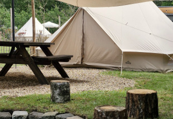 Basecamp Bell tent bij Thuysgrond in Nederland met picknickbank, vuurkring en houten boomstammen.