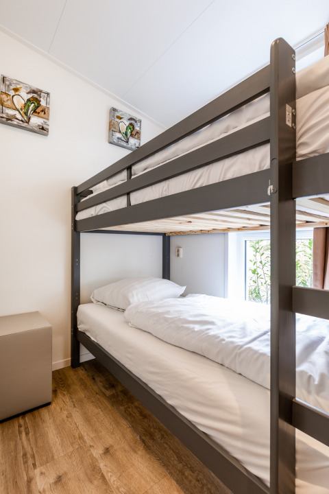 Modern bunk bed in a bright room with wood flooring and art at Schaelsbergerbosch - Garden House &.