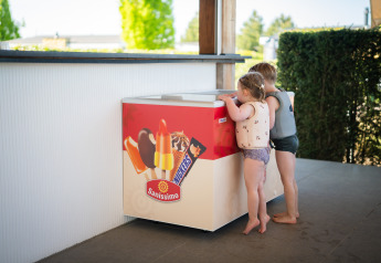 Two children in swimsuits look into an ice cream freezer at a glamping site, surrounded by summer greenery.