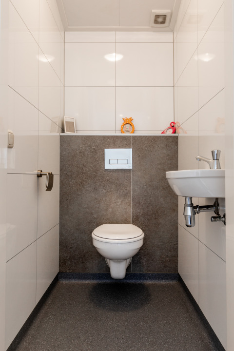 Moderne en schone wc bij Lodge Ravenbosch, Resort Mooi Bemelen, Nederland, met hangtoilet en fonteintje.
