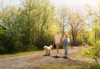 Coppia che passeggia con il cane in una sistemazione glamping immersa tra alberi verdi e il sole