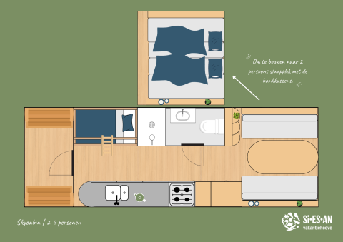 Floor plan of the Skycabin for 2-4 people at Si-Es-An campsite in the Netherlands, showing detailed layout.
