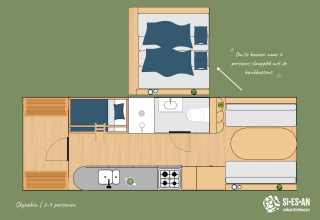Floor plan of the Skycabin for 2-4 people at Si-Es-An campsite in the Netherlands, showing detailed layout.