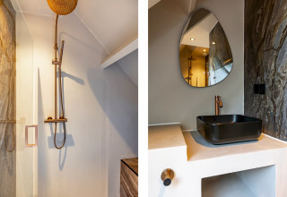 Moderne douche en stijlvol zwart wastafelgedeelte bij Forest villa «Zoethout» in De Kremmer, Nederland.