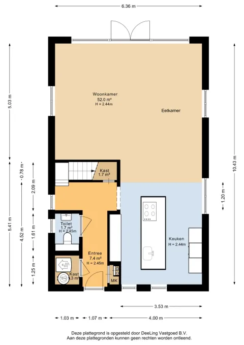 Plattegrond van Forest villa «Zoethout» bij De Kremmer, Nederland, met woonkamer, keuken en entree.