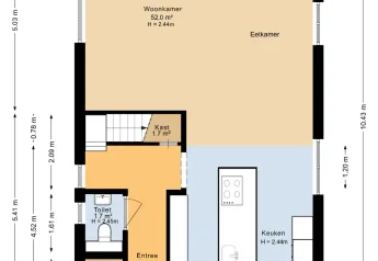 Planimetria della Forest villa «Zoethout» a De Kremmer, Olanda, con soggiorno, cucina ed entrata.
