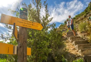Vandrere går op ad stenede trapper nær Quinson, Provence, med vejvisere og grøn natur omkring dem.