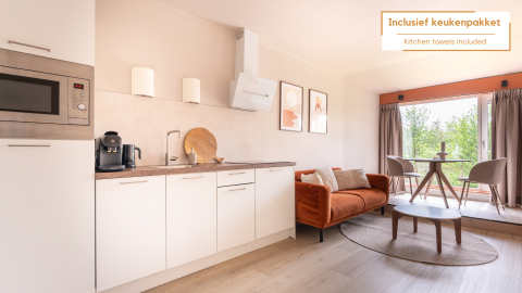 Moderne woonkamer en keuken in Tiny House XL bij De Kremmer, Nederland, met bank, tafel en grote ramen.