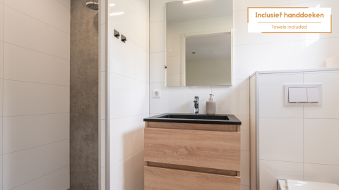 Modern bathroom in a tiny house with shower, wooden sink cabinet and large mirror. Towels are included.