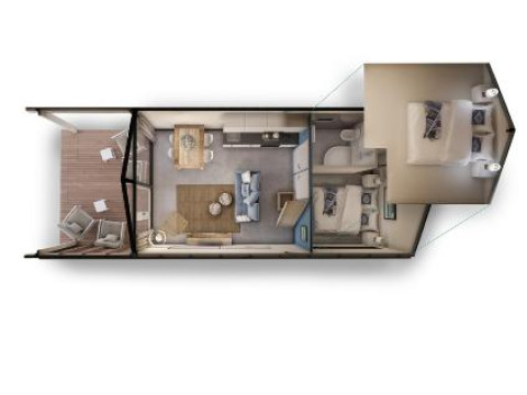 Planimetria di Adventure Lodge a Bloemendaal aan Zee, Paesi Bassi, con soggiorno, cucina e camere da letto.