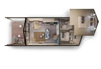 Plan de l'Adventure Lodge à Bloemendaal aan Zee, Pays-Bas, avec salon, cuisine et chambres visibles.