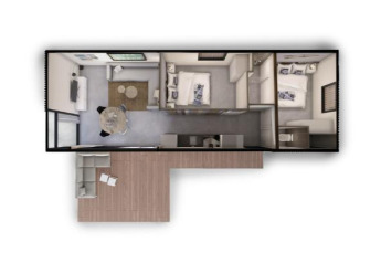 Grundriss einer Sea House Comfort Lodge in Bloemendaal aan Zee, mit zwei Schlafzimmern und einem Wohnzimmer.