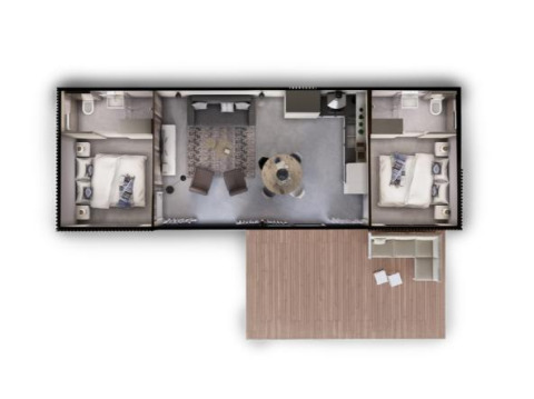 Planimetria del lodge Sea House Royal a Bloemendaal aan Zee, Paesi Bassi, con due camere e patio.
