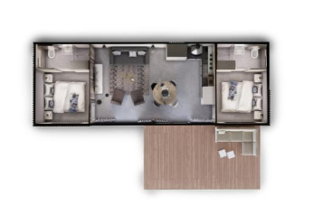 Floor plan of Sea House Royal lodge in Bloemendaal aan Zee, Netherlands, showing two bedrooms and a patio.