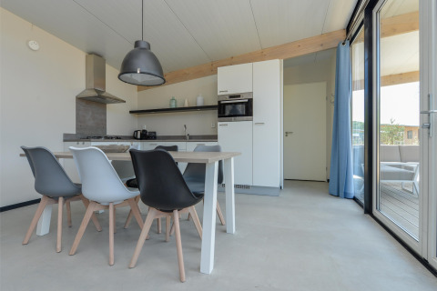 Zona pranzo e cucina moderne nel lodge Sea House Family a Bloemendaal aan Zee, Paesi Bassi, con colori neutri.