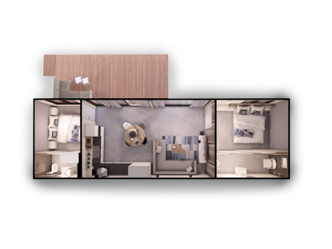 Planimetria di Sea House Special lodge a Bloemendaal aan Zee, Paesi Bassi, con due camere e terrazza.
