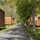 Sendero asfaltado entre árboles y pequeñas casas de madera en Ecolodge, rodeado de naturaleza verde.
