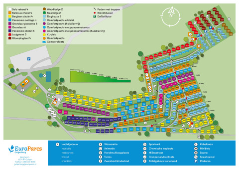 Overzichtskaart van EuroParcs Gulperberg met kleurcodes, Treelodge plaatsen en diverse faciliteiten.