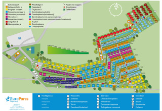 Overzichtskaart van EuroParcs Gulperberg met kleurcodes, Treelodge plaatsen en diverse faciliteiten.