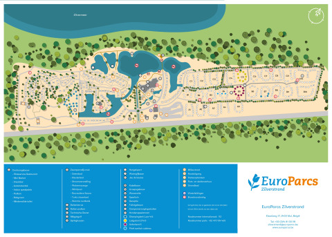 Kaart van het EuroParcs Zilverstrand glampingpark met verblijven, faciliteiten en vijvers bij Zilvermeer.