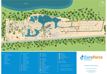 Kort over EuroParcs Zilverstrand glamping med hytter, faciliteter og søer, set fra oven nær Zilvermeer.