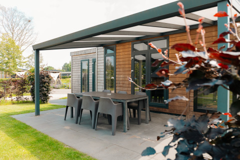 Buitenterras aan de Veluwe Villa-lodge bij De Boshoek in Nederland, met eettafel en stoelen