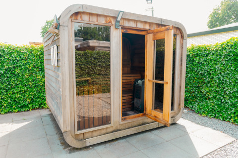 Outdoor wooden sauna with glass windows and open door at Veluwe Villa, De Boshoek, Netherlands.